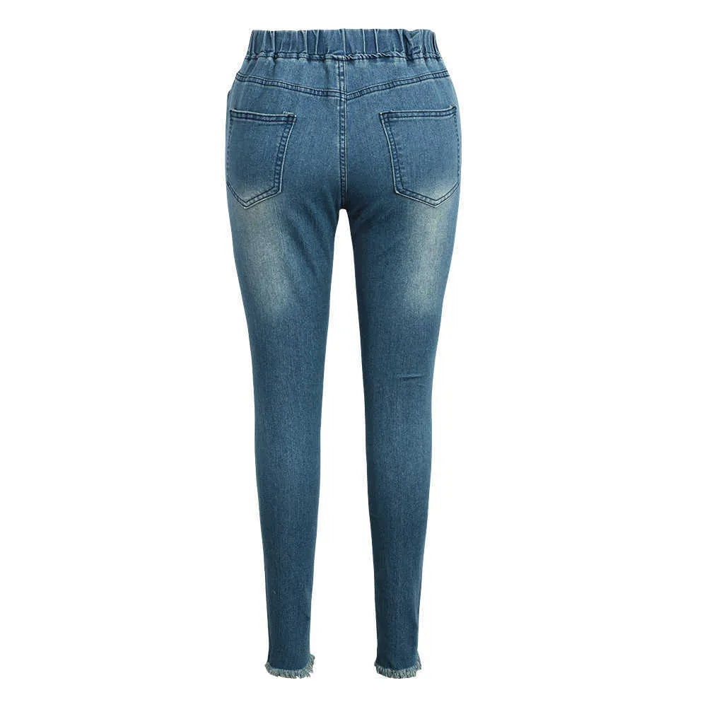 Women Drawstring Denim Long Pants Ripped Broken HolesSlim Fit Jeans Feminino Skinny Pockets Casual Full Length Pencil 210809