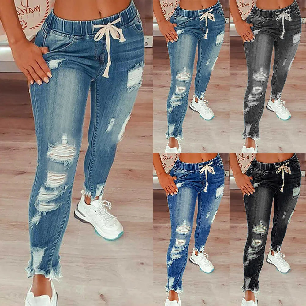 Women Drawstring Denim Long Pants Ripped Broken HolesSlim Fit Jeans Feminino Skinny Pockets Casual Full Length Pencil 210809