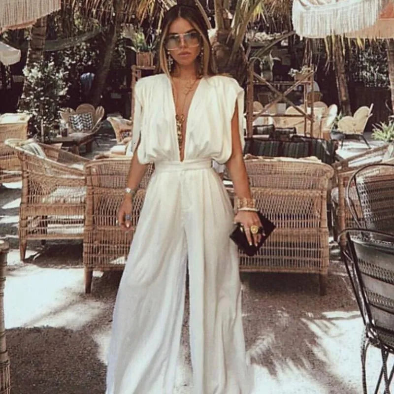 Wide Leg Rompers And Jumpsuiits Spring Autumn Women Sleeveless Deep V Neck Open Back White Elegant Overalls Women's Jumpsuits