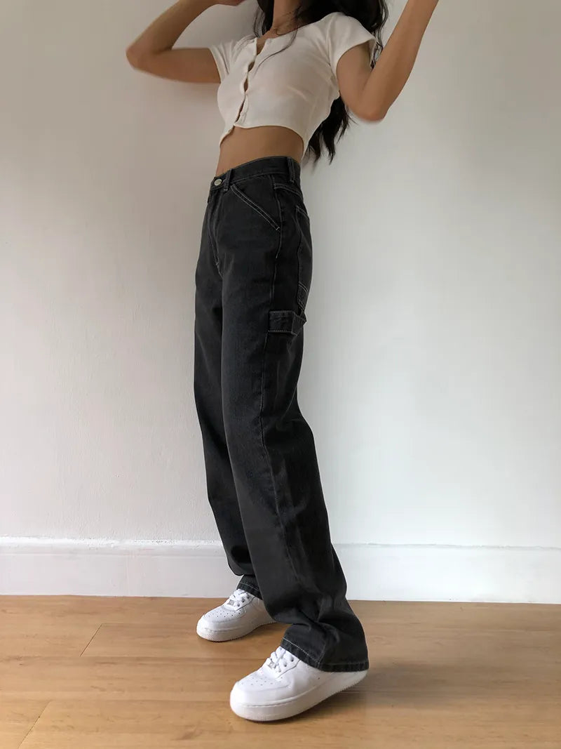 Baggy Jeans for Women Loose High Waist Boyfriend Mom jeans Big Pockets Black Straight Denim Pants Fashion Hot Sale