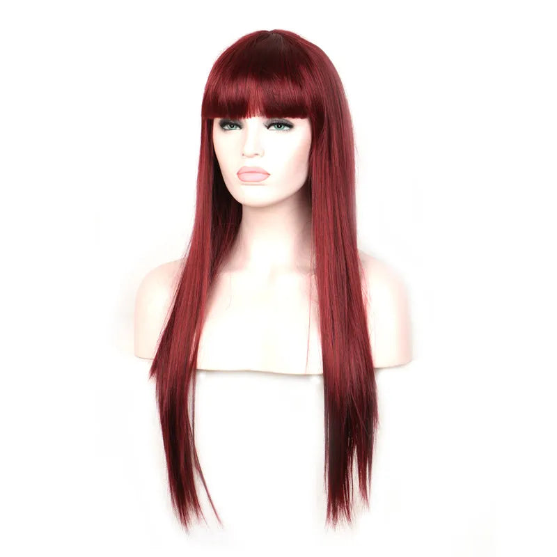 WoodFestival long straight hair wigs heat resistant synthetic fiber burgundy black brown flax wig with bangs 70cm realistic sof women