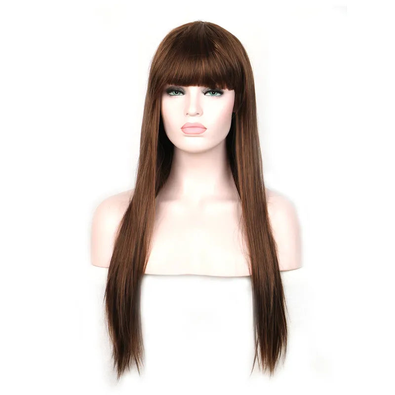 WoodFestival long straight hair wigs heat resistant synthetic fiber burgundy black brown flax wig with bangs 70cm realistic sof women