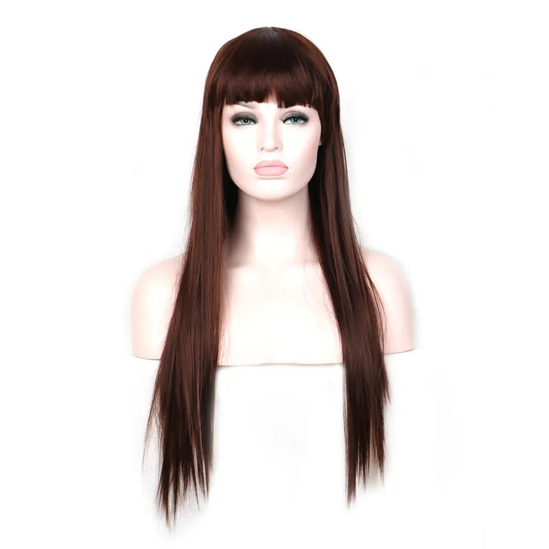 WoodFestival long straight hair wigs heat resistant synthetic fiber burgundy black brown flax wig with bangs 70cm realistic sof women