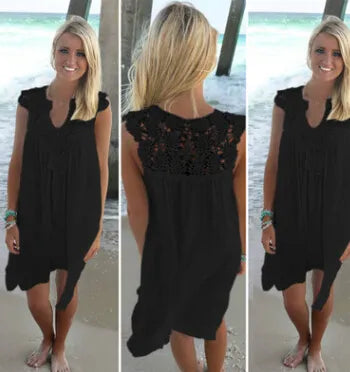 Lace Patchwork Dress Bohemia style lace womens Chiffon casual beach Miniskirt loose summer tulle dress covering bikini Lady sundress plus size