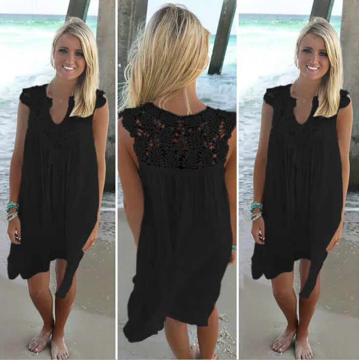 Lace Patchwork Dress Bohemia style lace womens Chiffon casual beach Miniskirt loose summer tulle dress covering bikini Lady sundress plus size