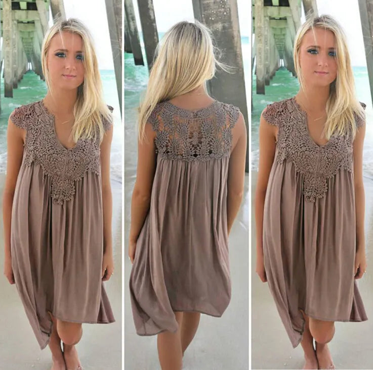Lace Patchwork Dress Bohemia style lace womens Chiffon casual beach Miniskirt loose summer tulle dress covering bikini Lady sundress plus size