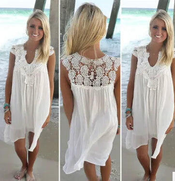 Lace Patchwork Dress Bohemia style lace womens Chiffon casual beach Miniskirt loose summer tulle dress covering bikini Lady sundress plus size