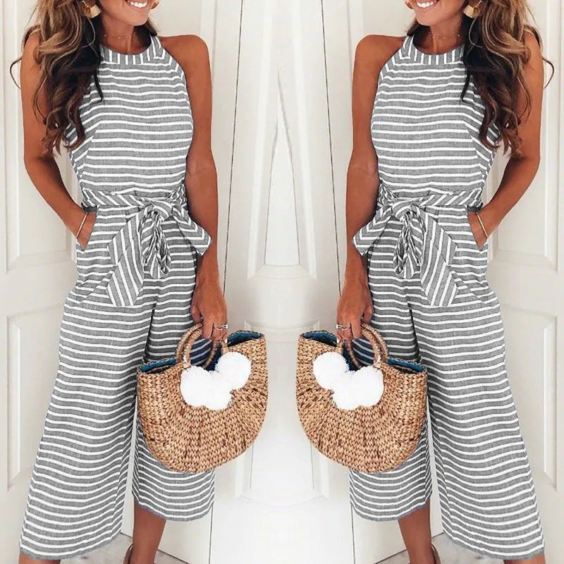 2018 Women Summer O-neck Bowknot Pants Playsuit Sashes Pockets Sleeveless Rompers Overalls Sexy Office Lady Striped Jumpsuits