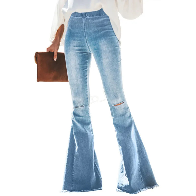 Women Ripped Hole Flare Jeans Pants Slim Sexy Vintage Bootcut Wide Leg Flared Jeans Office Lady Bell Bottoms Denim Pants LJJA2977