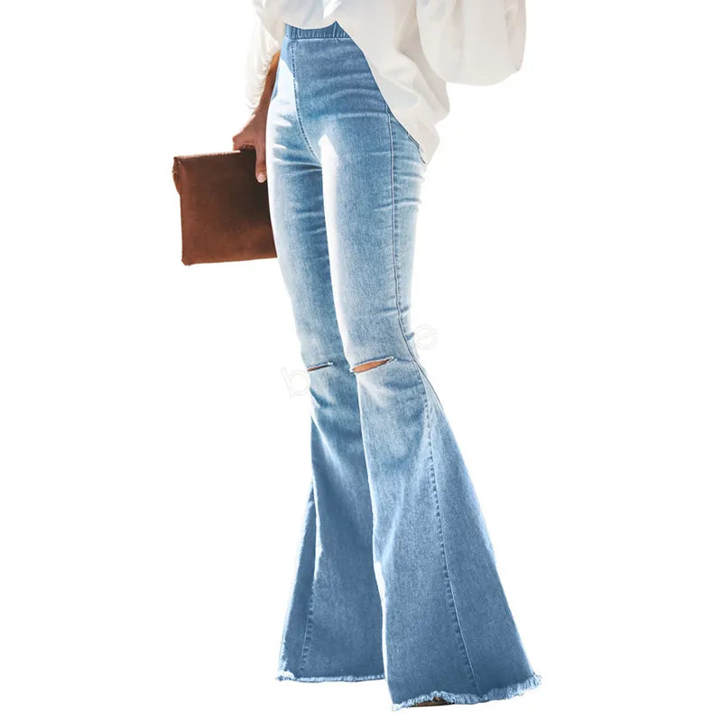 Women Ripped Hole Flare Jeans Pants Slim Sexy Vintage Bootcut Wide Leg Flared Jeans Office Lady Bell Bottoms Denim Pants LJJA2977