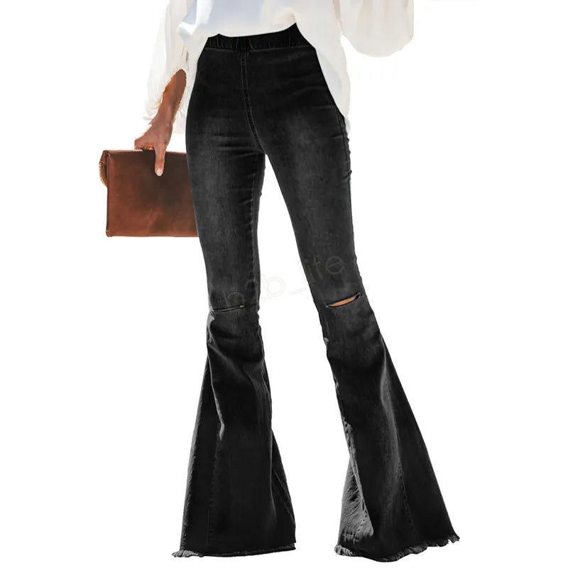 Women Ripped Hole Flare Jeans Pants Slim Sexy Vintage Bootcut Wide Leg Flared Jeans Office Lady Bell Bottoms Denim Pants LJJA2977