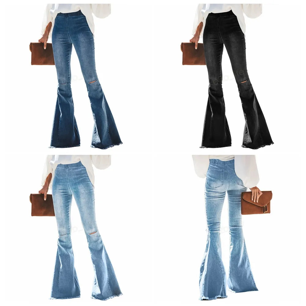 Women Ripped Hole Flare Jeans Pants Slim Sexy Vintage Bootcut Wide Leg Flared Jeans Office Lady Bell Bottoms Denim Pants LJJA2977