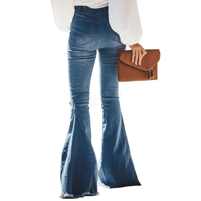 Women Ripped Hole Flare Jeans Pants Slim Sexy Vintage Bootcut Wide Leg Flared Jeans Office Lady Bell Bottoms Denim Pants LJJA2977