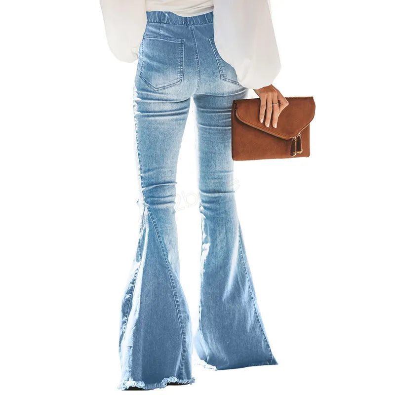Women Ripped Hole Flare Jeans Pants Slim Sexy Vintage Bootcut Wide Leg Flared Jeans Office Lady Bell Bottoms Denim Pants LJJA2977