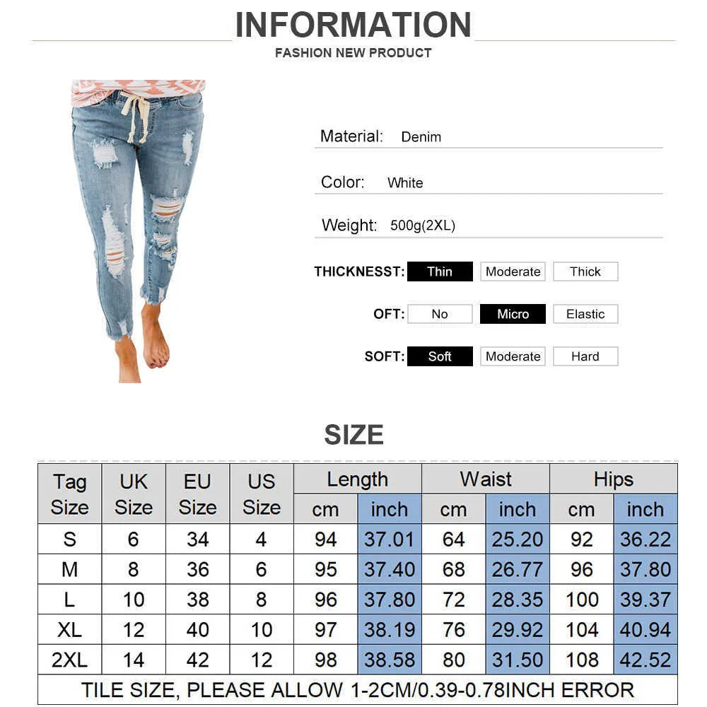 Women Drawstring Denim Long Pants Ripped Broken HolesSlim Fit Jeans Feminino Skinny Pockets Casual Full Length Pencil 210809