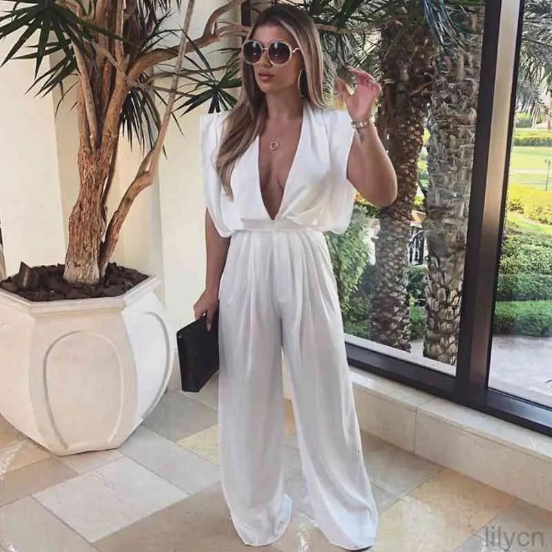 Wide Leg Rompers And Jumpsuiits Spring Autumn Women Sleeveless Deep V Neck Open Back White Elegant Overalls Women's Jumpsuits
