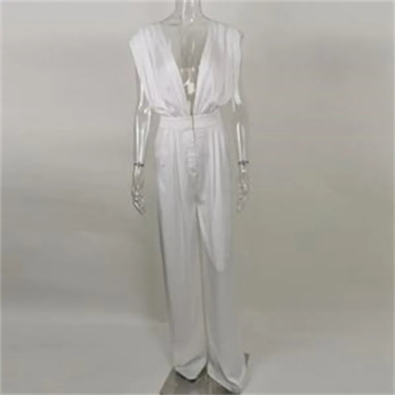 Wide Leg Rompers And Jumpsuiits Spring Autumn Women Sleeveless Deep V Neck Open Back White Elegant Overalls Women's Jumpsuits