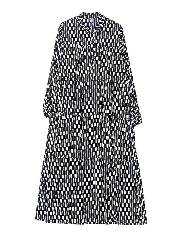 xakxx Casual Long Sleeves Loose Buttoned Contrast Color Printed Split-Joint Stand Collar Midi Dresses