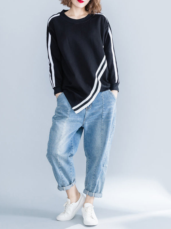 xakxx Cropped Long Sleeves Striped Round-Neck Hoodies&Sweatshirt