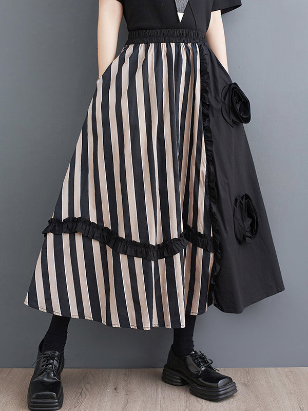 xakxx Elastics High Waisted Loose Flower-Embellished Split-Joint Skirts Bottoms