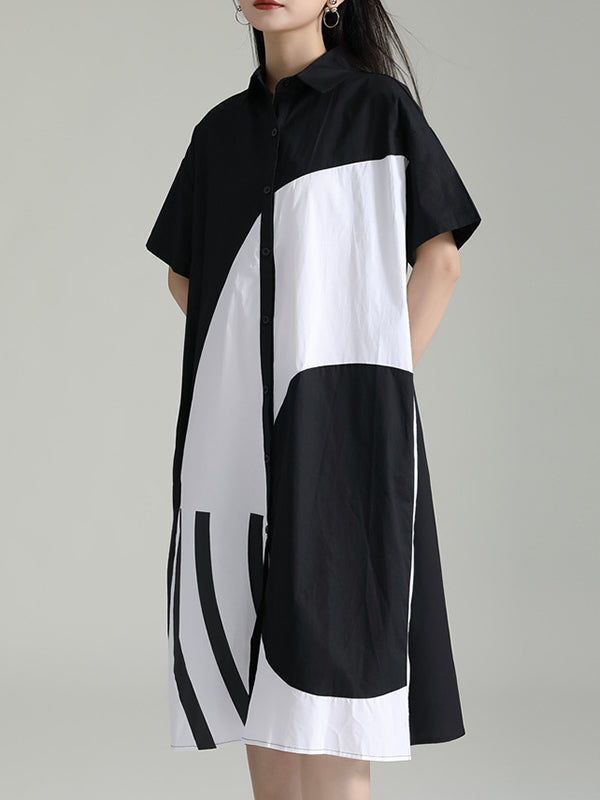 xakxx Loose Short Sleeves Asymmetric Contrast Color Split-Joint Lapel Midi Dresses Shirt Dress