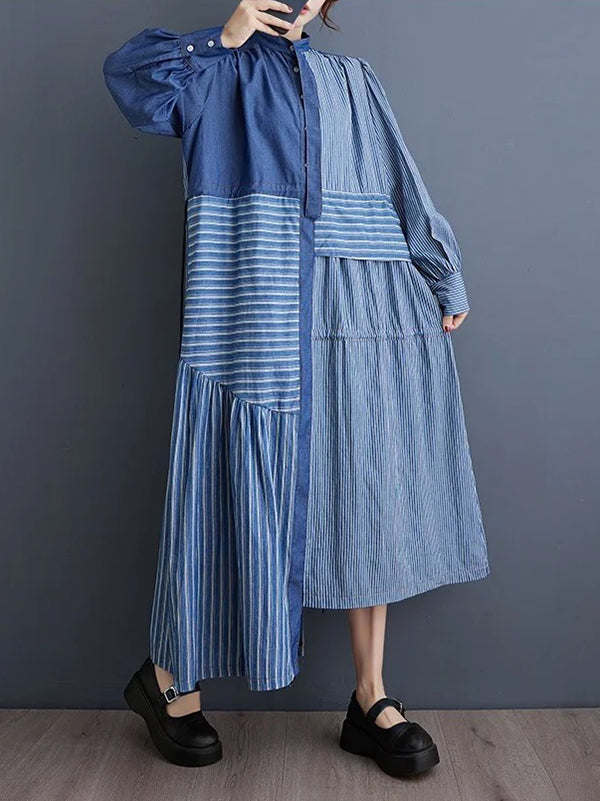 xakxx High Waisted Long Sleeves Asymmetric Buttoned Contrast Color Split-Joint Striped Tied Waist Mock Neck Midi Dresses
