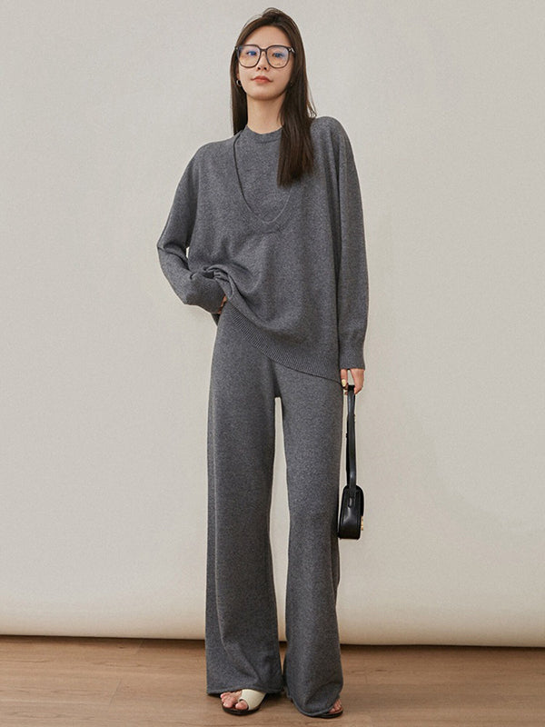 xakxx xakxx-Urban Loose Solid Round-Neck Vest Top& V-Neck Sweater Tops& Wide Leg Pants Three-Piece Set