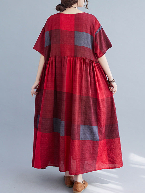 xakxx Artistic Retro Loose Color-Block Pleated Round-Neck Half Sleeves Midi Dress