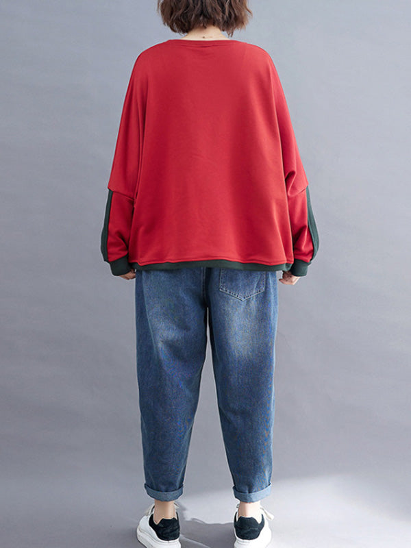 xakxx Artistic Retro Loose Triangle Applique Contrast Color Round-Neck Long Raglan Sleeves Sweatshirt