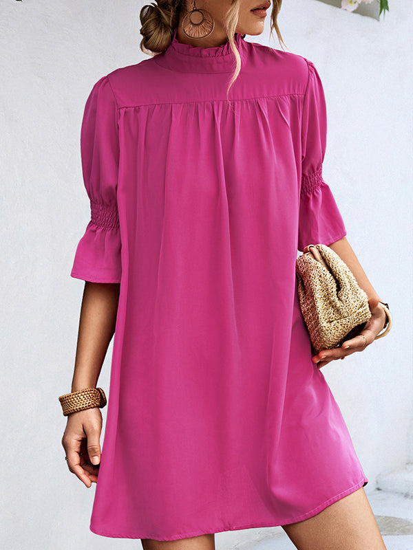 xakxx Half Sleeves Loose Solid Color High-Neck Mini Dresses