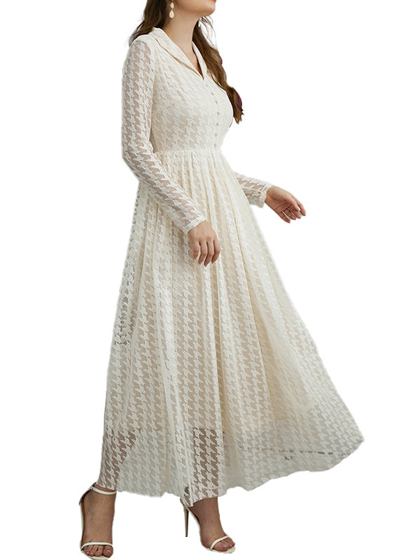 xakxx High Waisted Long Sleeves Buttoned Gauze See-Through Solid Color V-Neck Maxi Dresses