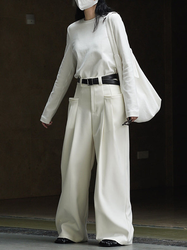 xakxx Loose Pleated Solid Color Wide Leg Pants Bottoms
