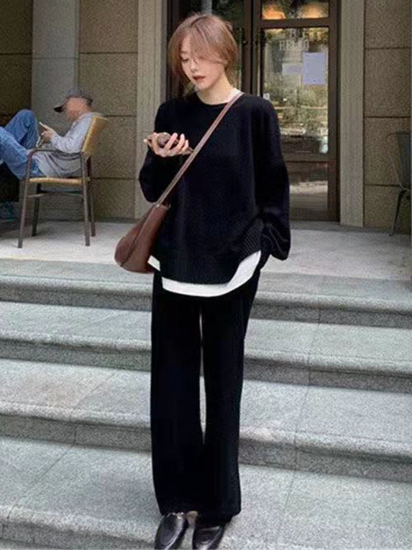xakxx xakxx-Casual Loose Solid Color Round-Neck Sweater Tops & Wide Leg Pants Suits