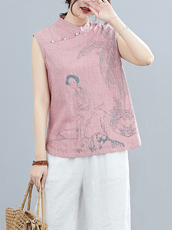 xakxx Artistic Retro Chinese-Style Printed Buttoned Stand Collar Sleeveless Vest