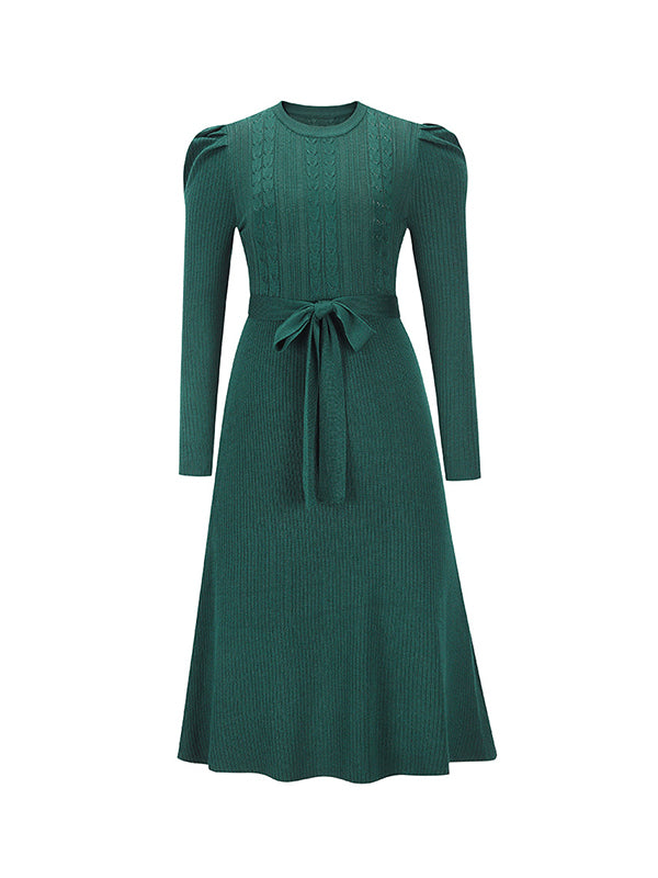 xakxx High Waisted Long Sleeves Solid Color Tied Waist Round-Neck Midi Dresses Sweater Dresses