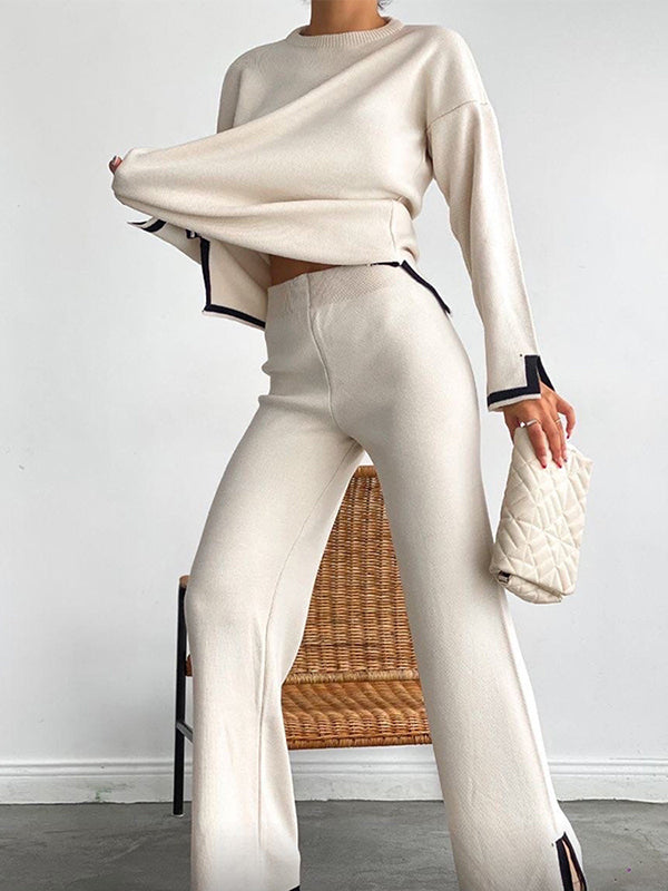 xakxx xakxx-Urban Loose Contrast Color Long Sleeves Round-Neck Sweater Tops & Pants Suits