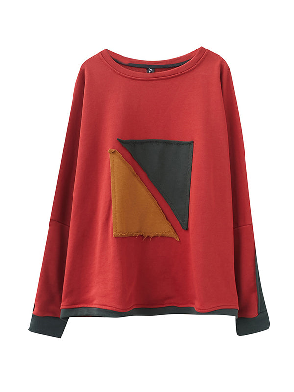 xakxx Artistic Retro Loose Triangle Applique Contrast Color Round-Neck Long Raglan Sleeves Sweatshirt