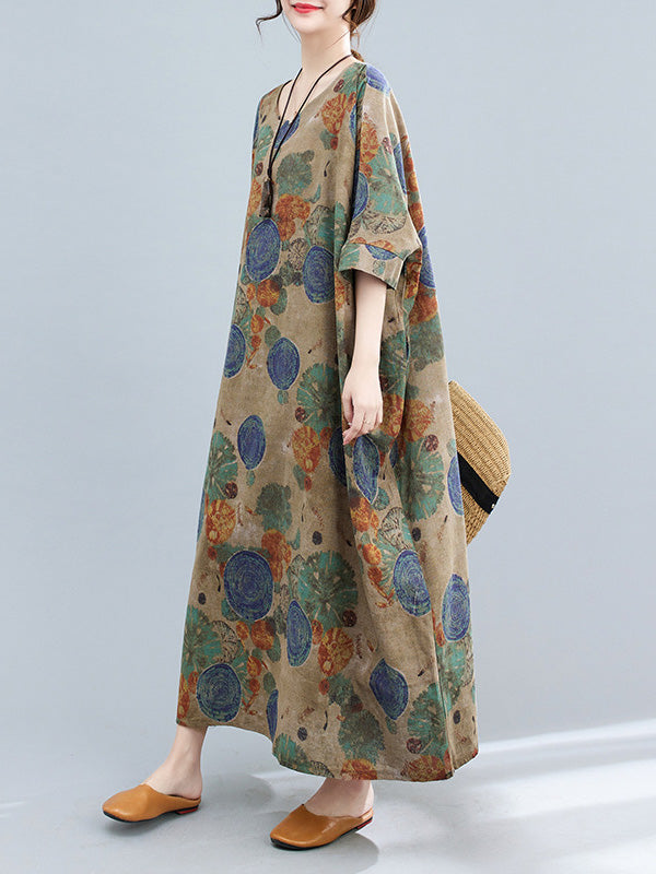 xakxx Casual Half Sleeves Loose Floral Printed Contrast Color Polka-Dot Round-Neck Midi Dresses