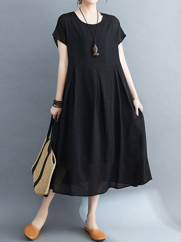 xakxx Loose Short Sleeves Solid Color Split-Joint Round-Neck Midi Dresses