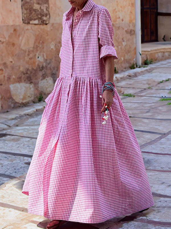 xakxx Long Sleeves Loose Buttoned Plaid Pleated Split-Joint Lapel Maxi Dresses