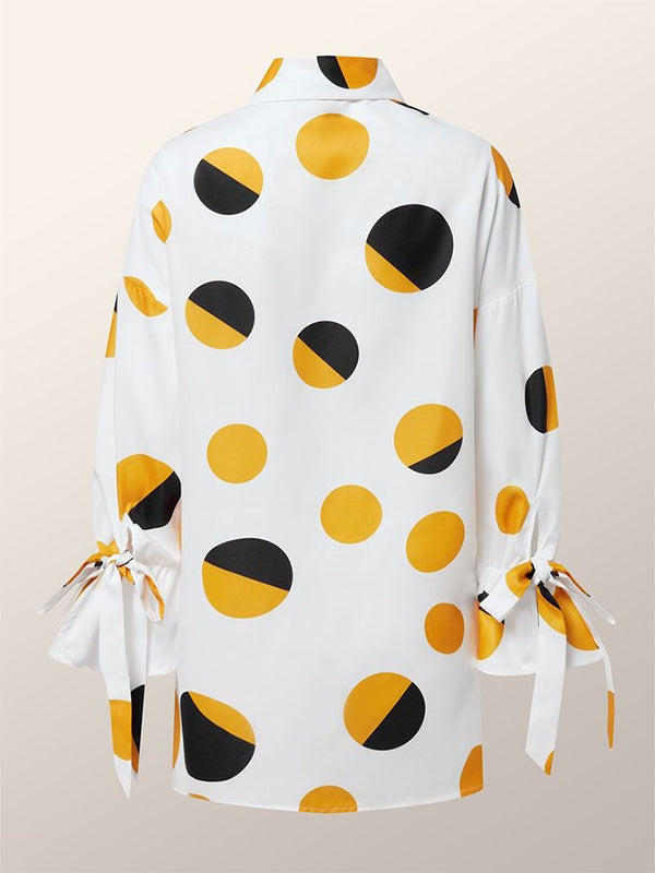 xakxx Long Sleeves Loose Contrast Color Polka Dot Printed Lapel Blouses