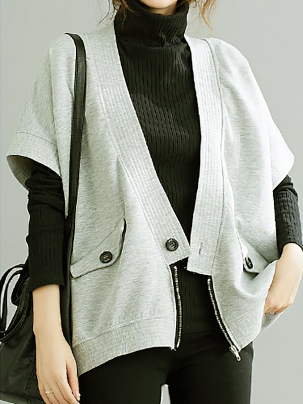 xakxx Batwing Sleeves Half Sleeves Zipper V-Neck Vest Top