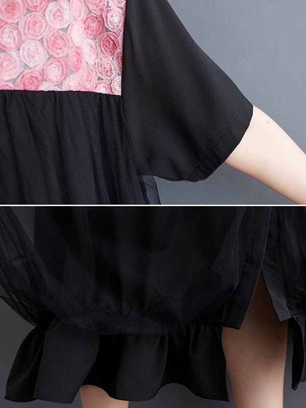 xakxx Loose Short Sleeves Falbala Printed Split-Joint Lapel Midi Dresses