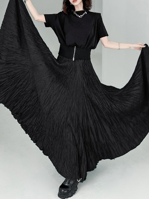 xakxx A-Line Irregular Clipping High-Waisted Pleated Solid Color Skirts