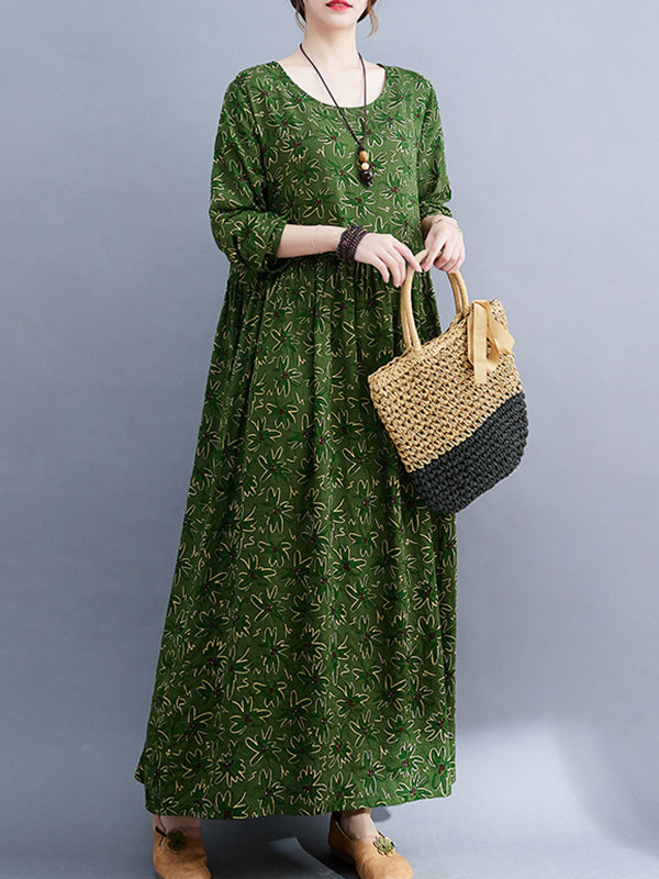 xakxx Artistic Retro Long Sleeves Loose Floral Printed Round-Neck Midi Dresses