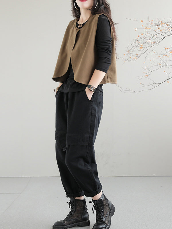 xakxx Artistic Retro Loose Sleeveless Solid Color Round-Neck Vest Outerwear