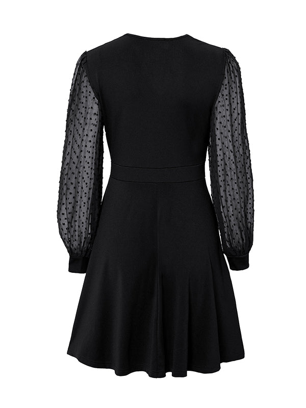 xakxx A-Line Long Sleeves Gauze Pleated Split-Joint V-Neck Midi Dresses