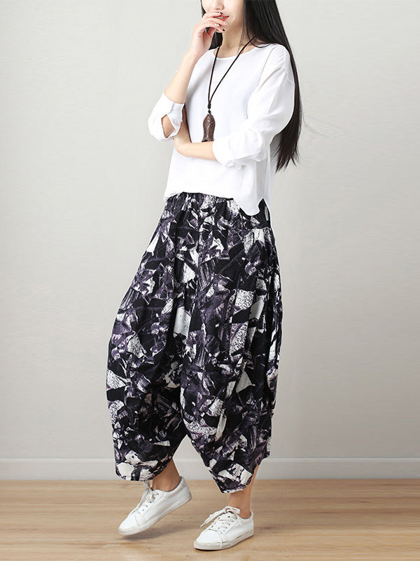 xakxx Artistic Retro Ramie Cotton Original Printed Elasticity Harem Pants