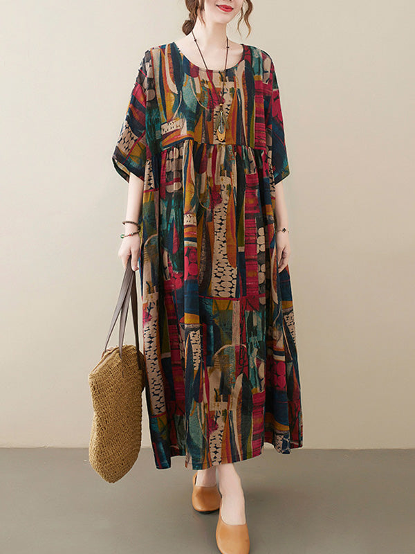 xakxx Vintage Loose Abstract Printed Pleated Round-Neck Half Sleeves Midi Dress