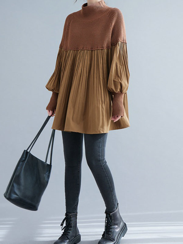 xakxx Long Sleeves Loose Pleated Split-Joint High Neck Sweater Tops